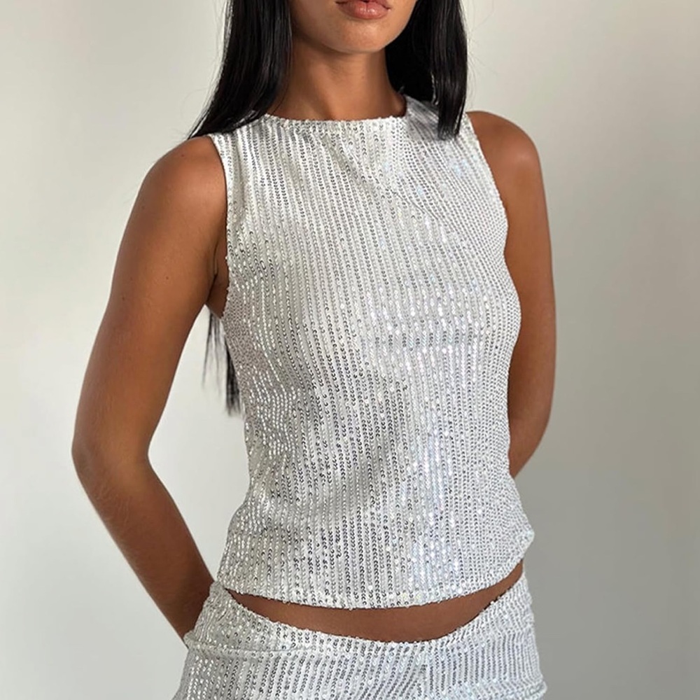 Elegant Pink Sequin Sleeveless Top